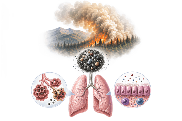Illustration showing wildfire smoke particulate matter — a chemically complex particle containing metals and minerals — inhaled into the lungs, 