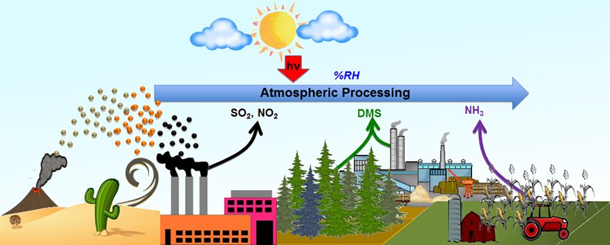 Diagram showing atmospheric processing of trace gases (SO₂, NO₂, DMS, NH₃) emitted from volcanic, industrial, forest, and agricultural sources u